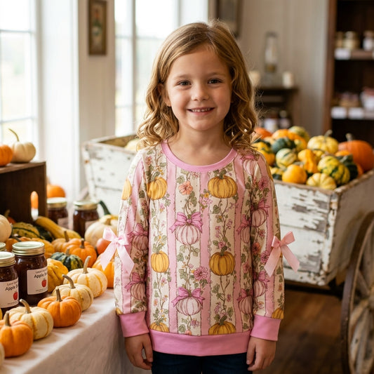 GT1659 Pumpkin Flowers Stripes Girls Fall Bows Tee Shirts Top
