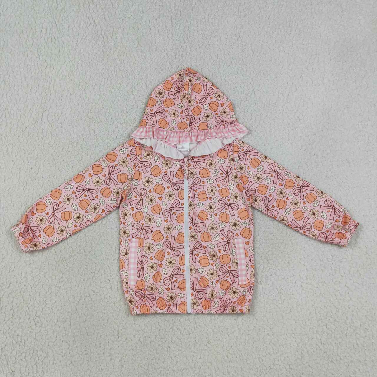 GT1661 Pumpkin Flowers Bows Print Girls Full Zipper Pockets Hoodie Jacket Top