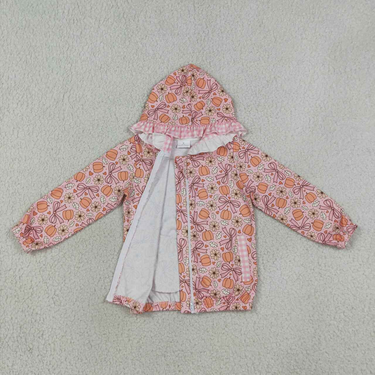 GT1661 Pumpkin Flowers Bows Print Girls Full Zipper Pockets Hoodie Jacket Top