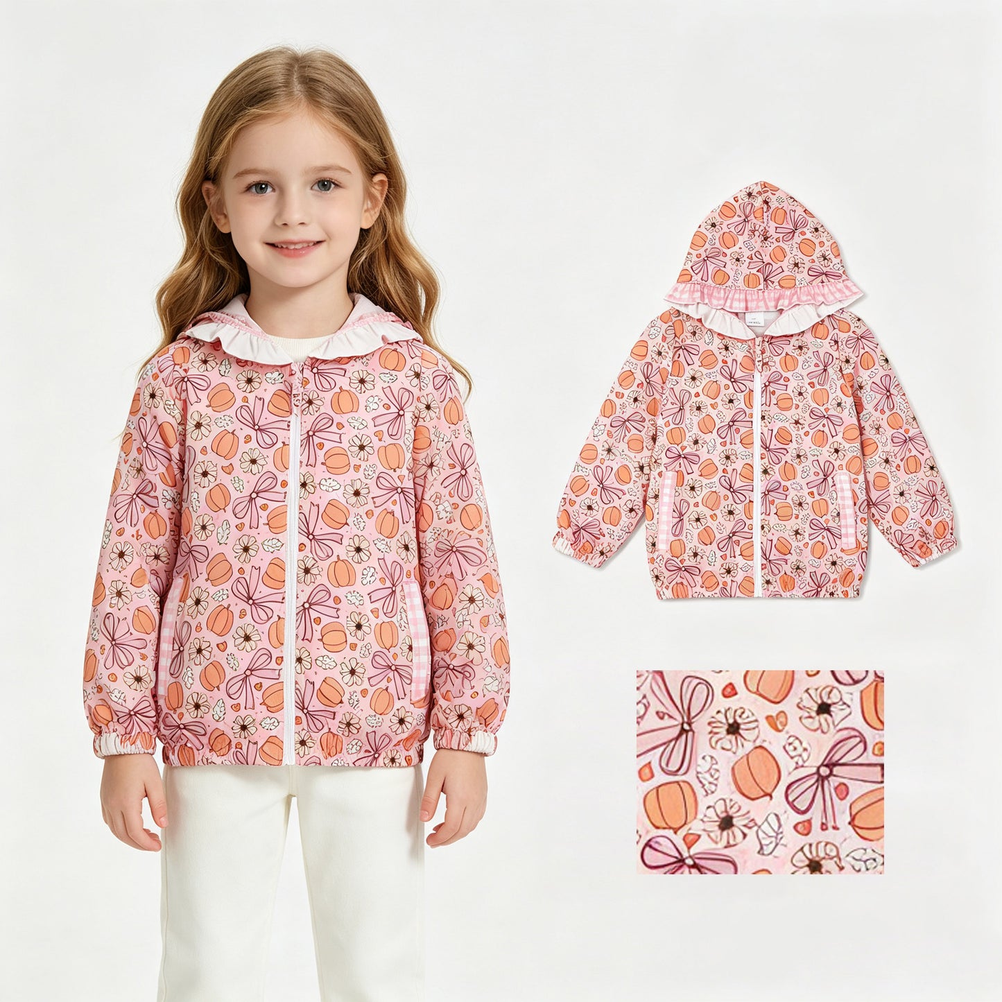GT1661 Pumpkin Flowers Bows Print Girls Full Zipper Pockets Hoodie Jacket Top