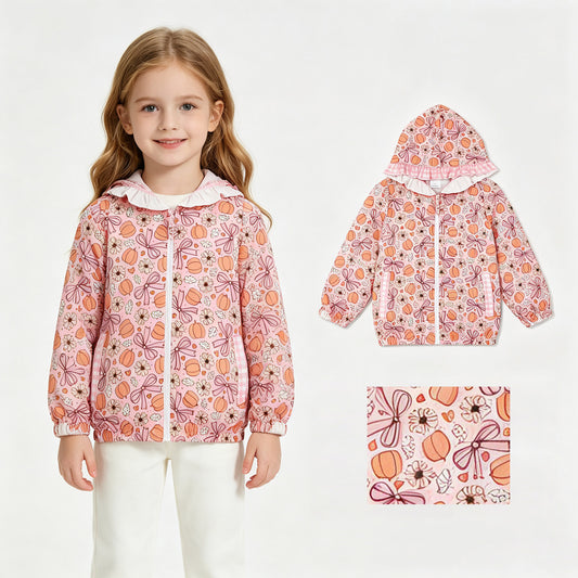 GT1661 Pumpkin Flowers Bows Print Girls Full Zipper Pockets Hoodie Jacket Top