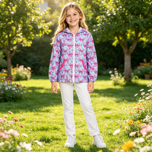 GT1674 Pink Bows Blue Tie-dye Girls Full Zipper Hoodie Yoga Jacket Top