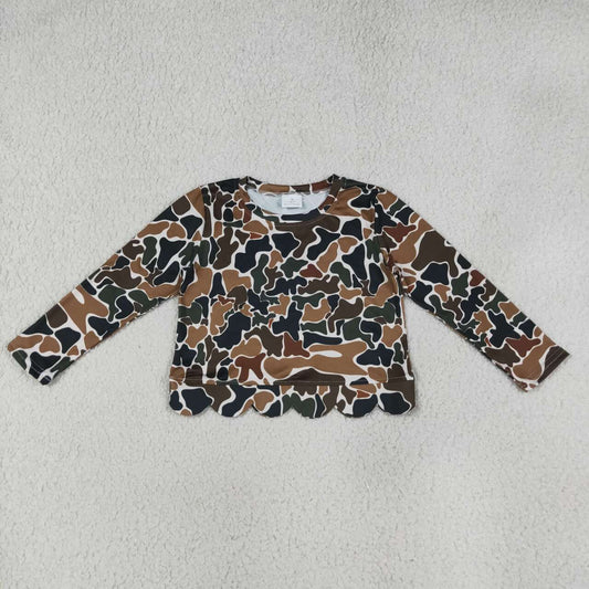 GT1688 Brown Camo Baby Girls Scallop Long Sleeve T-Shirts Top