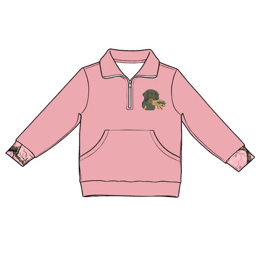 5.1  Kids Girls  Hunting Dog Pink Quarter-Zip Long Sleeve Pullover Top Preorder