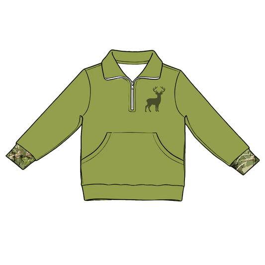 5.1  Kids Girls Deer  Olive Quarter-Zip Long Sleeve Pullover Top Preorder