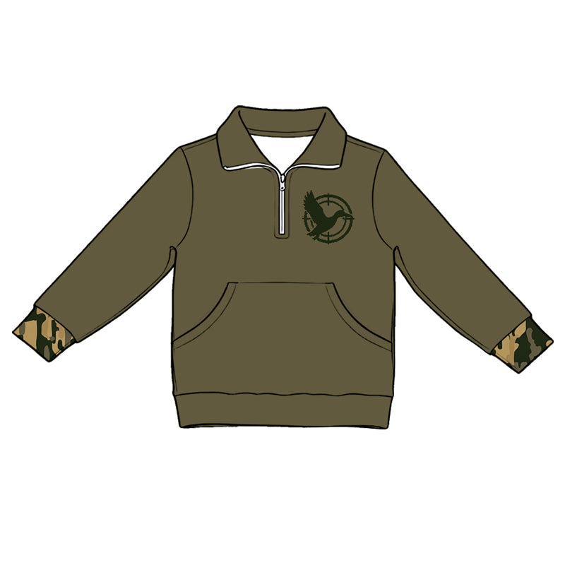 5.1  Kids Girls Dark Olive Quarter-Zip Long Sleeve Pullover Top With Pocket Preorder