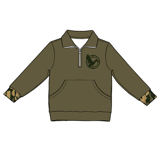 5.1  Kids Girls Dark Olive Quarter-Zip Long Sleeve Pullover Top With Pocket Preorder