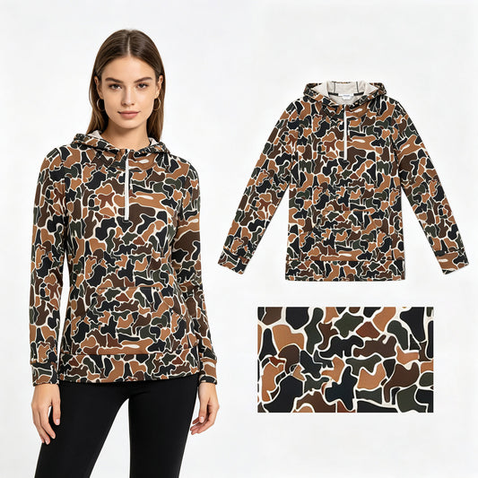 GT1710 Adult Women Brown Camo Long Sleeve Pocket Zipper Hoodie Top