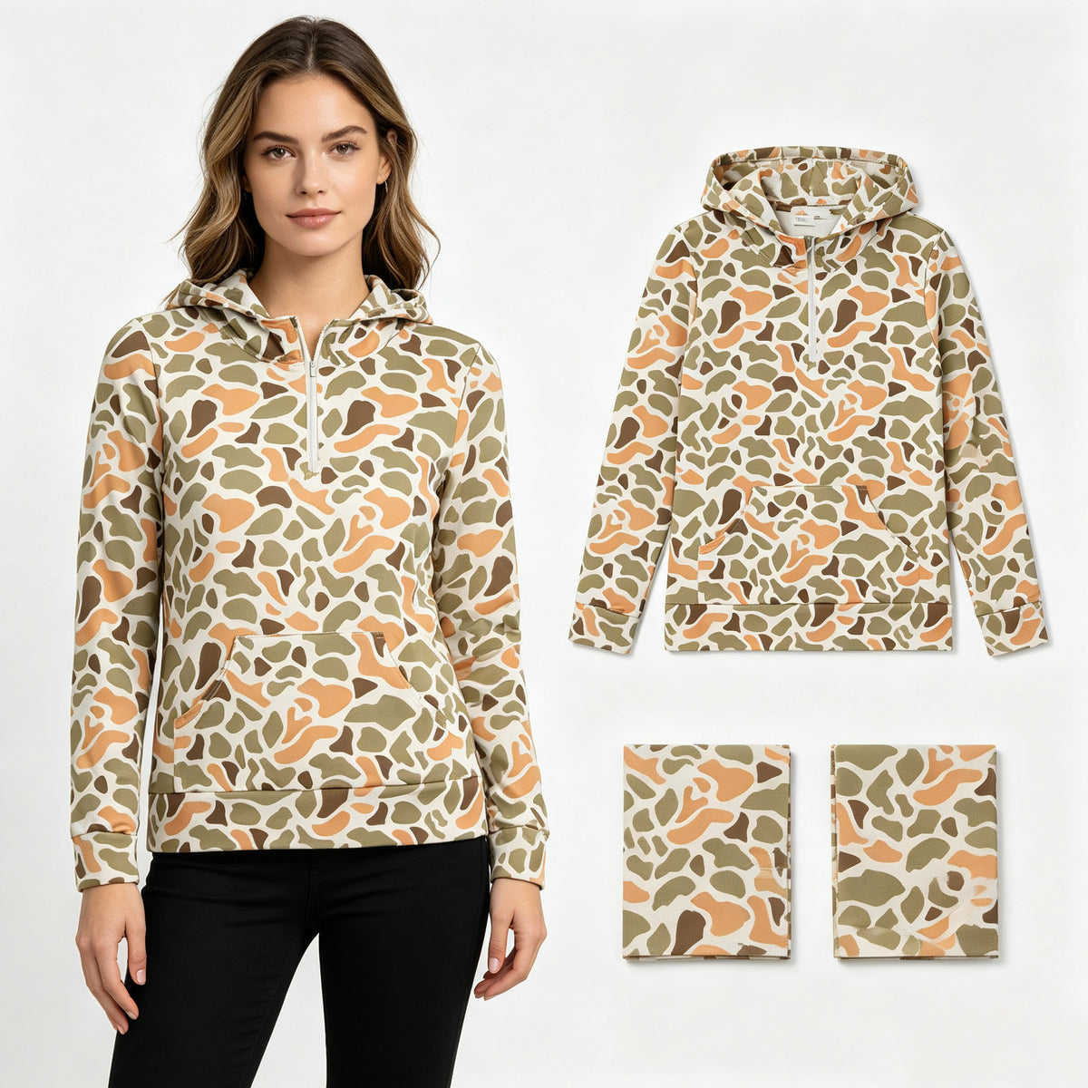 GT1712 Green Orange Camo Long Sleeve Pocket Adult Women Zipper Hoodie Top