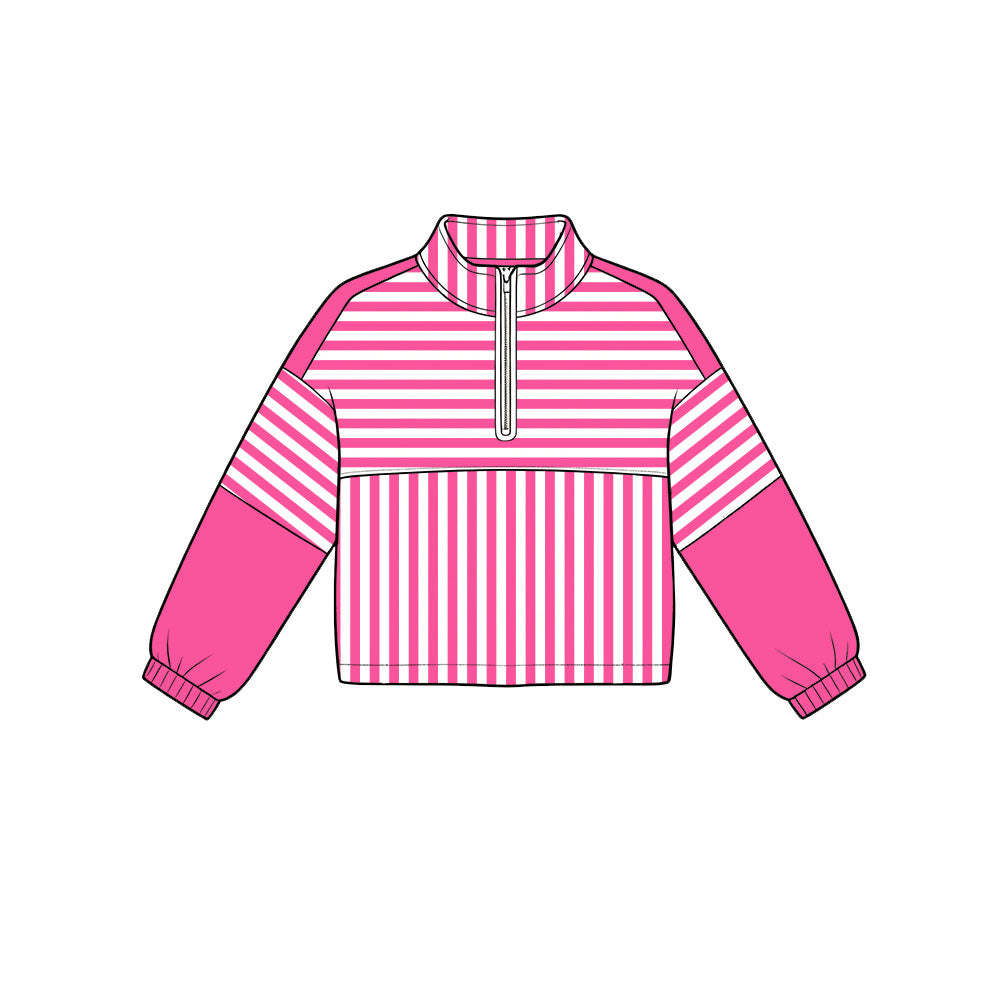 6.19 GT1715 Preorder Hot Pink Stripes Print Girls Long Sleeve Zipper Pullover Yoga Top