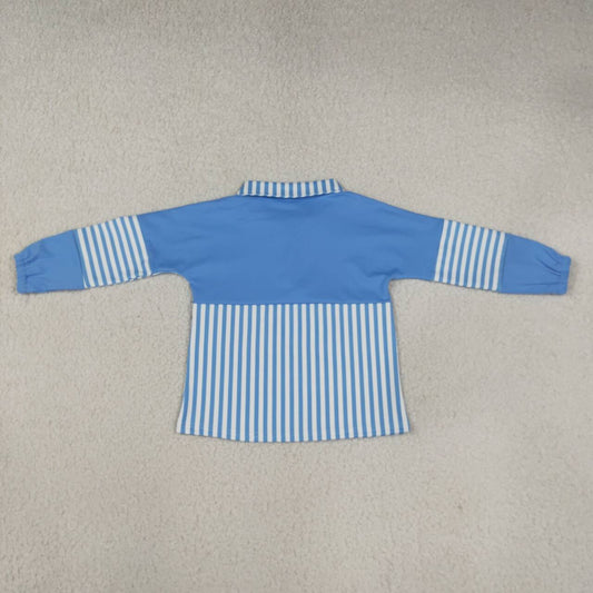 GT1716 Blue Stripes Print Girls Long Sleeve Zipper Pullover Yoga Top