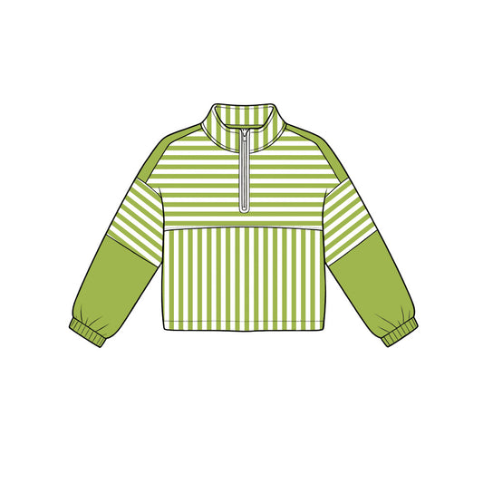 6.19 GT1718 Preorder Green Stripes Print Girls Long Sleeve Zipper Pullover Yoga Top
