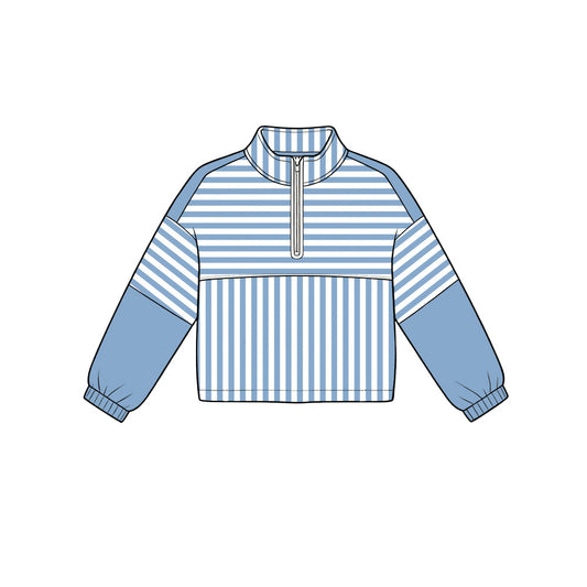 6.19 GT1720 Preorder Blue Stripes Print Girls Long Sleeve Zipper Pullover Yoga Top