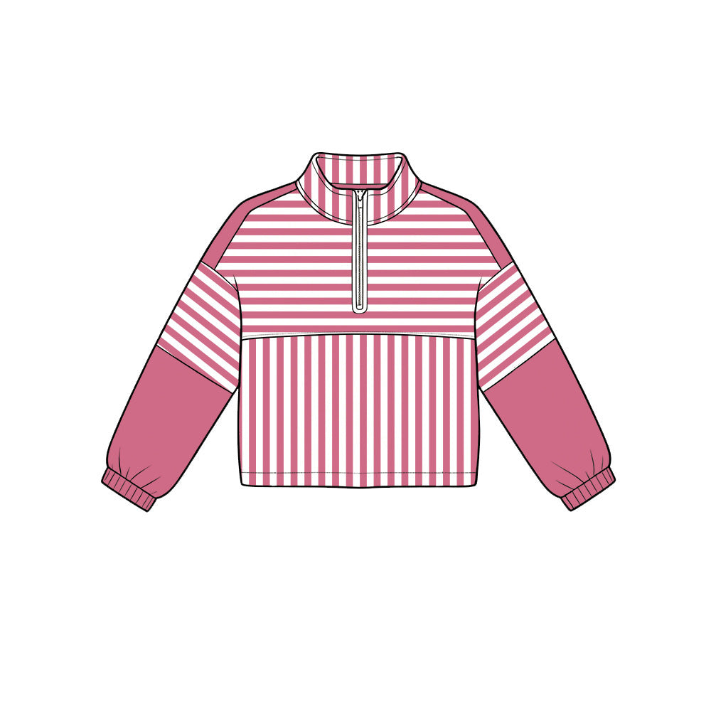 6.19 GT1721 Preorder Dark Pink Stripes Print Girls Long Sleeve Zipper Pullover Yoga Top