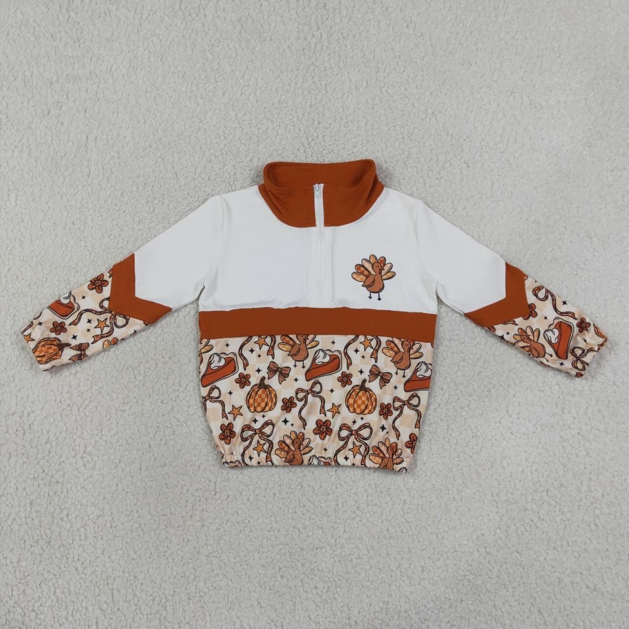 GT1723 Turkey Pie Bows Checkered Girls Thanksgiving Zipper Pullover Top