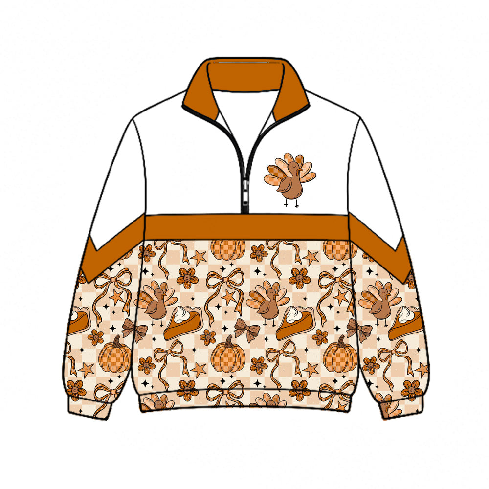 6.24 GT1723 Preorder Turkey Pie Bows Plaid Print Girls Thanksgiving Zipper Pullover Top
