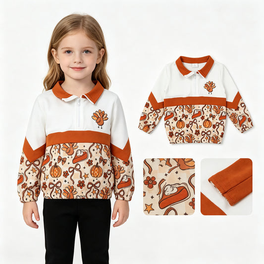 GT1723 Turkey Pie Bows Checkered Girls Thanksgiving Zipper Pullover Top