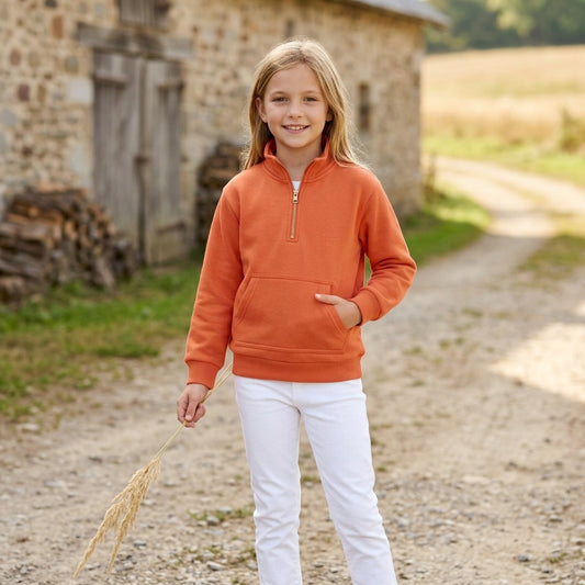 GT1765 Orange Cotton Kids Long Sleeve Zipper Pullover Sweatshirt Top