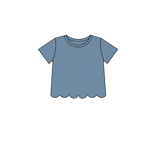 7.14 GT1769 Preorder Blue Cotton Girls Scallop Edge Short Sleeve T-shirts Top