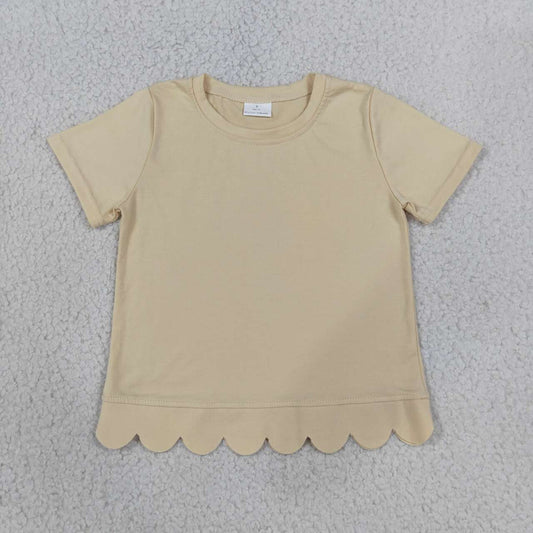 GT1770 Khaki Cotton Girls Scallop Edge Short Sleeve T-shirts Top