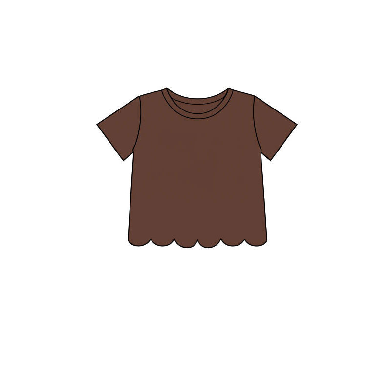 7.14 GT1776 Preorder Brown Cotton Girls Scallop Edge Short Sleeve T-shirts Top