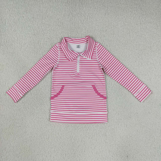 GT1783 Pink Stripes Girls Long Sleeve Zipper Pocket Yoga Pullover Top