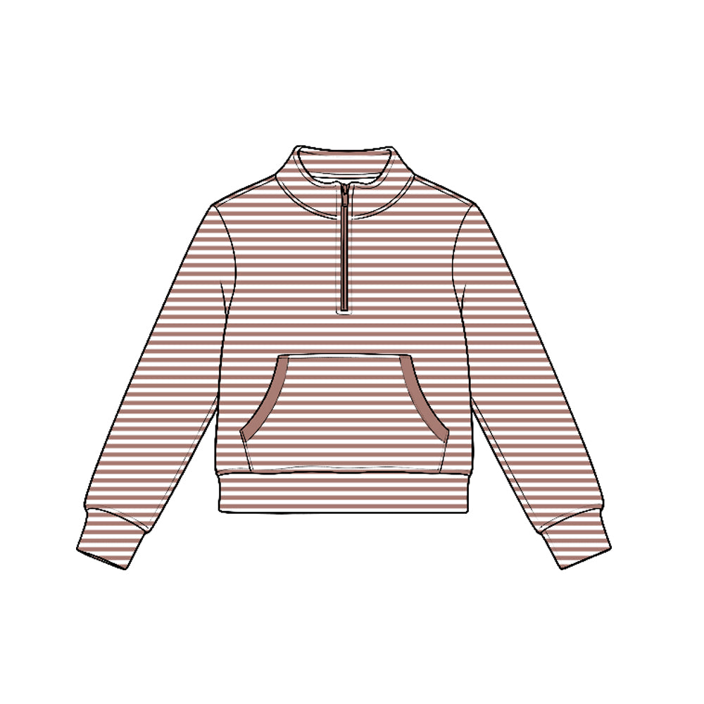 7.21 GT1785 Preorder Brown Stripes Girls Long Sleeve Zipper Pocket Yoga Pullover Top