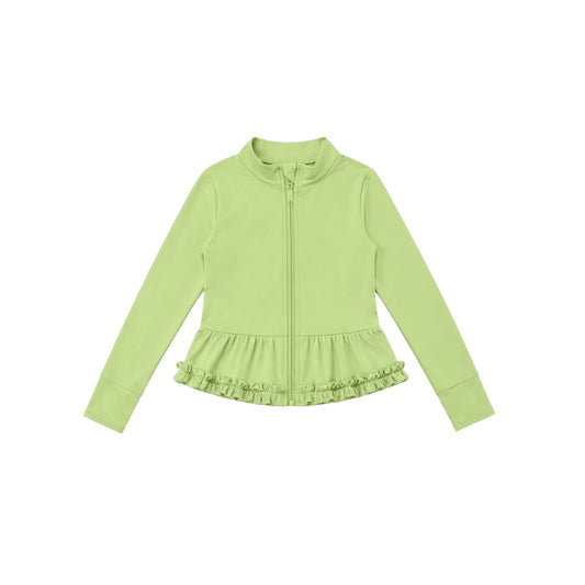 7.21 GT1788 Preorder Green Color Girls Long Sleeve Zipper Ruffle Yoga Jacket Top