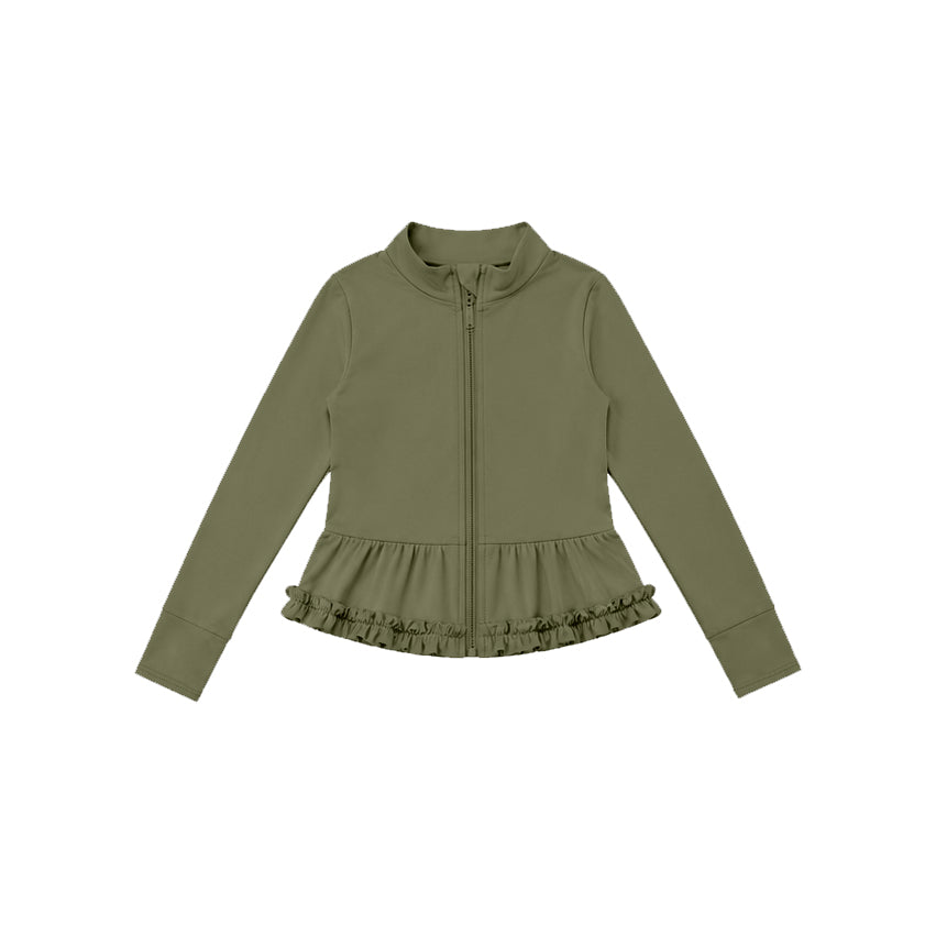 7.21 GT1791 Preorder Dark Green Color Girls Long Sleeve Zipper Ruffle Yoga Jacket Top