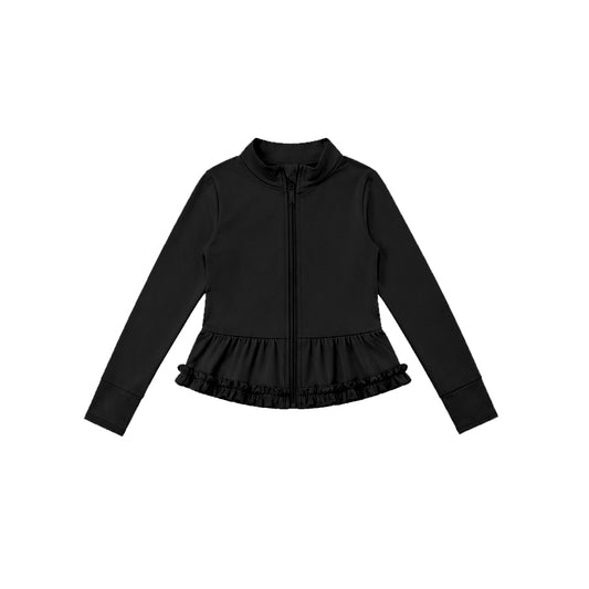 7.21 GT1793 Preorder Black Color Girls Long Sleeve Zipper Ruffle Yoga Jacket Top