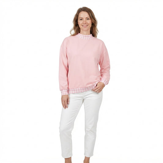 GT1794 Pink Gingham Trim Neck Cuff Hem Woman Long Sleeve Sweatshirt Top