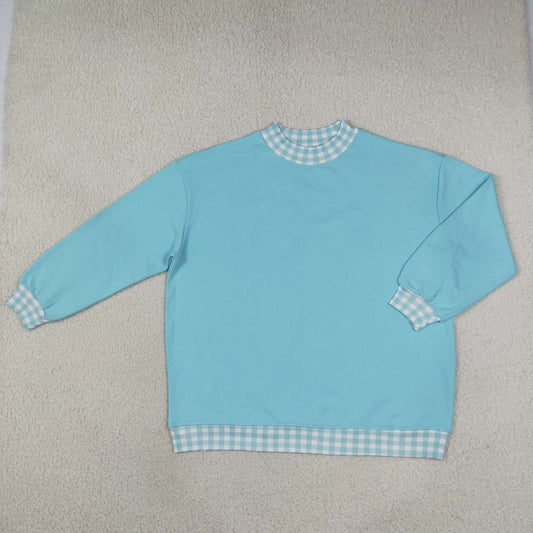 GT1795 Blue Gingham Trim Neck Cuff Hem Woman Long Sleeve Sweatshirt Top