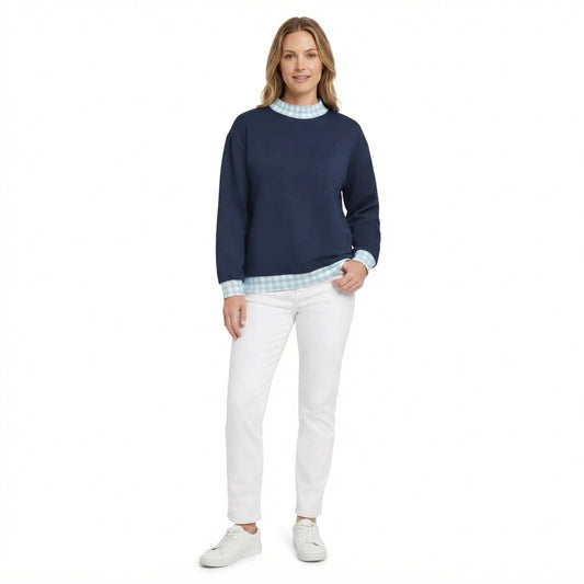 GT1797 Navy Gingham Trim Neck Cuff Hem Woman Long Sleeve Sweatshirt Top