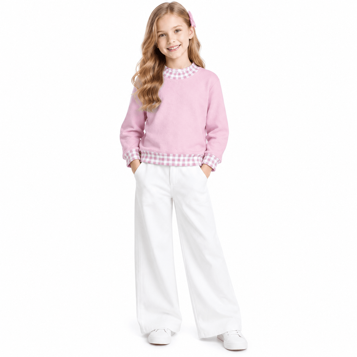 GT1798 Pink With Gingham Plaid Trim Girls Long Sleeve Sweatshirt Tops