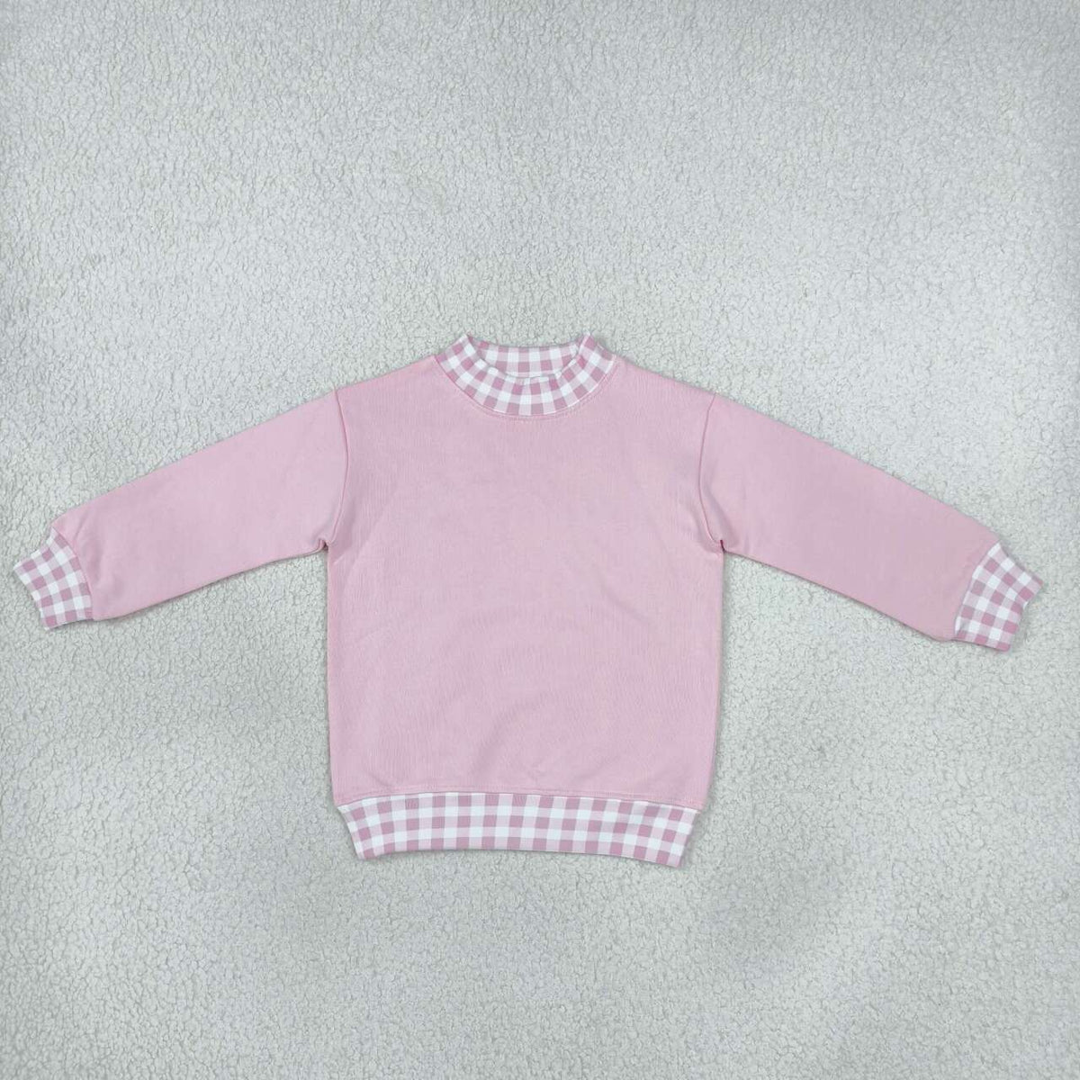 GT1798 Pink With Gingham Plaid Trim Girls Long Sleeve Sweatshirt Tops