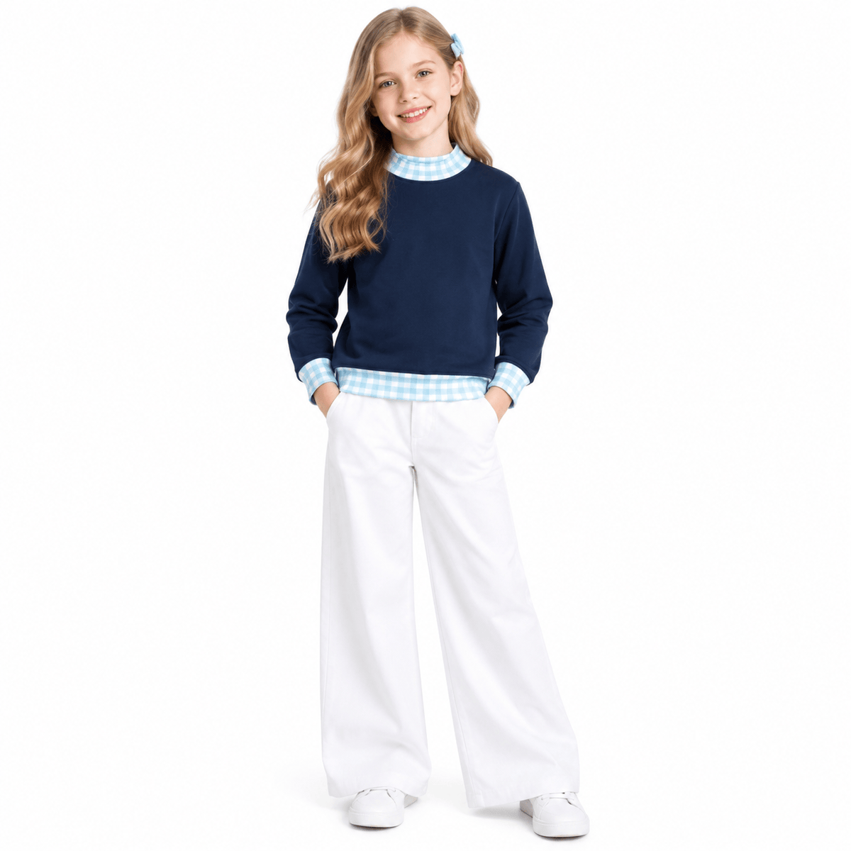 GT1801 Navy With Light Blue Gingham Plaid Trim Girls Long Sleeve Sweatshirt Tops
