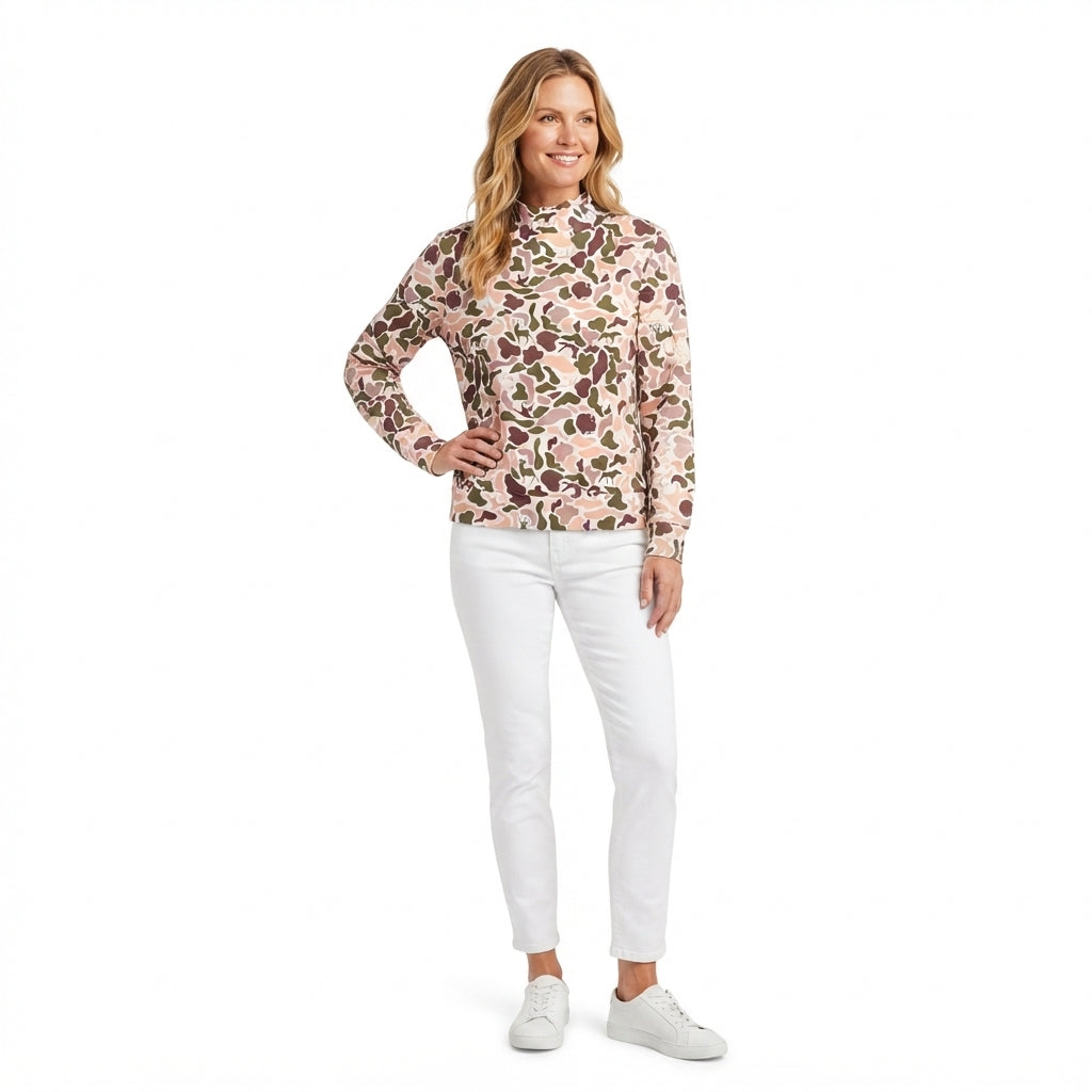 GT1818 Adult Brown Khaki Camo Print Woman Mock Neck Long Sleeve Tee Shirts Top