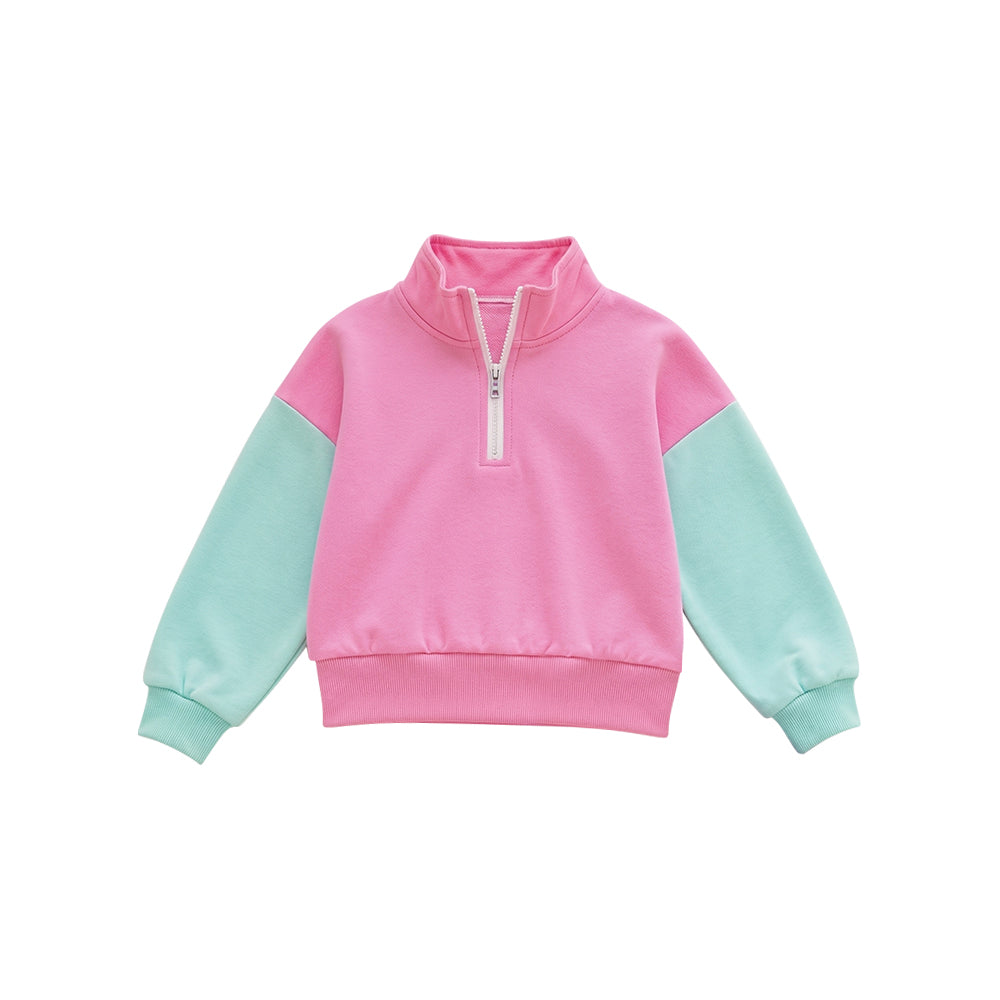 8.1 Preorder  Kids Girls Pink Mint Green Color Block Half Zip Pullover
