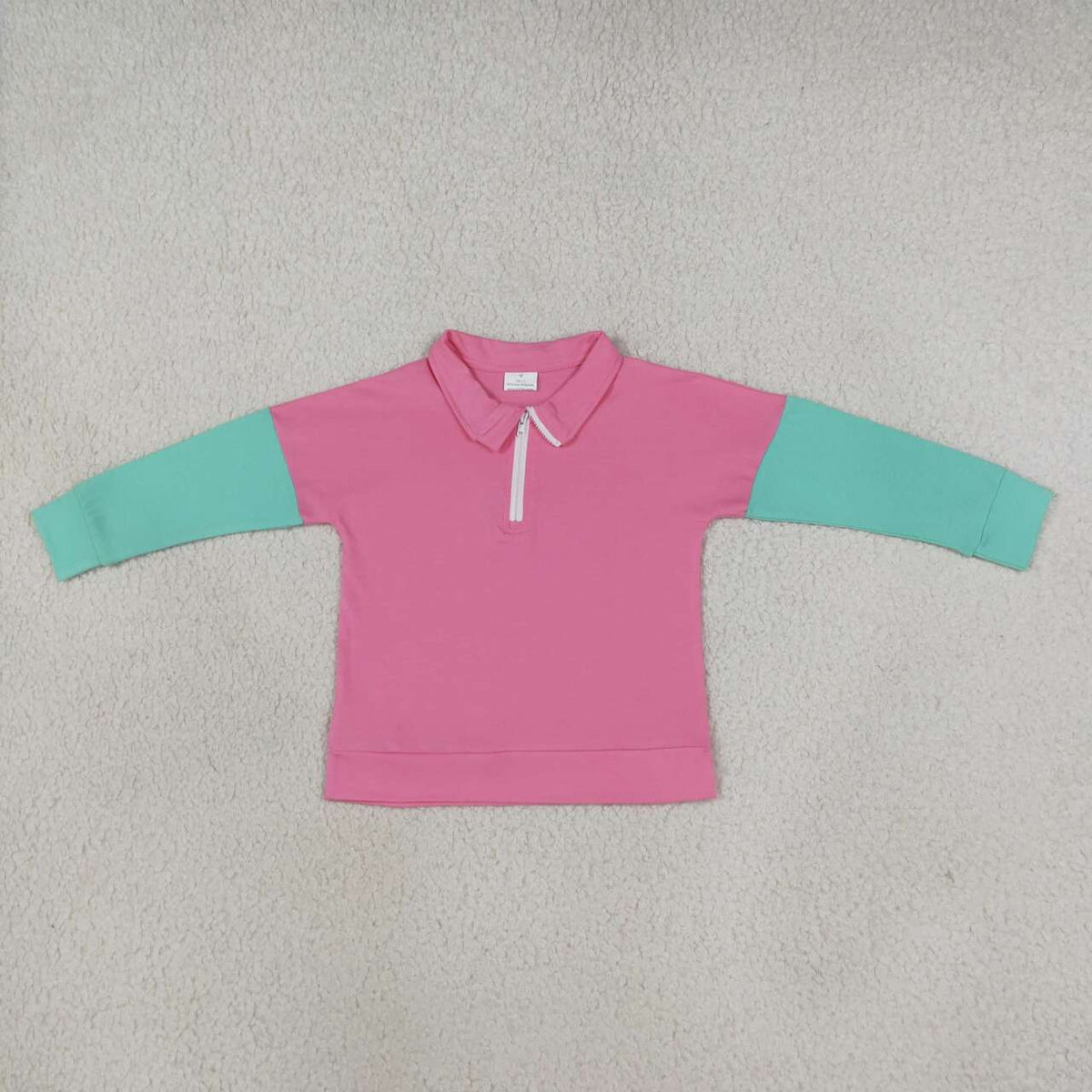 GT1820 Pink Aqua Cotton Color Block Girls Half Zip Pullover Top