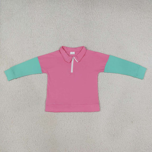 GT1820 Pink Aqua Cotton Color Block Girls Half Zip Pullover Top