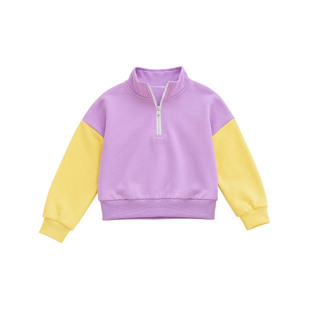 8.1 Preorder  Kids Girls Purple Yellow Color Block Half Zip Pullover