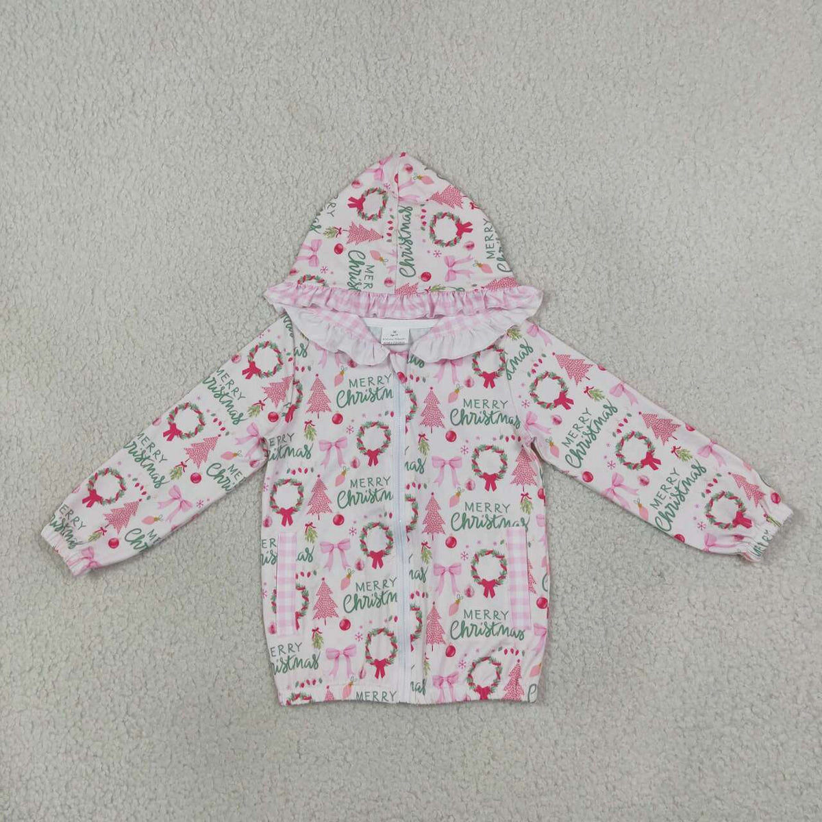 GT1822 Tree Bows Pink Checkered Print Girls Christmas Zipper Hoodie Jackets Top