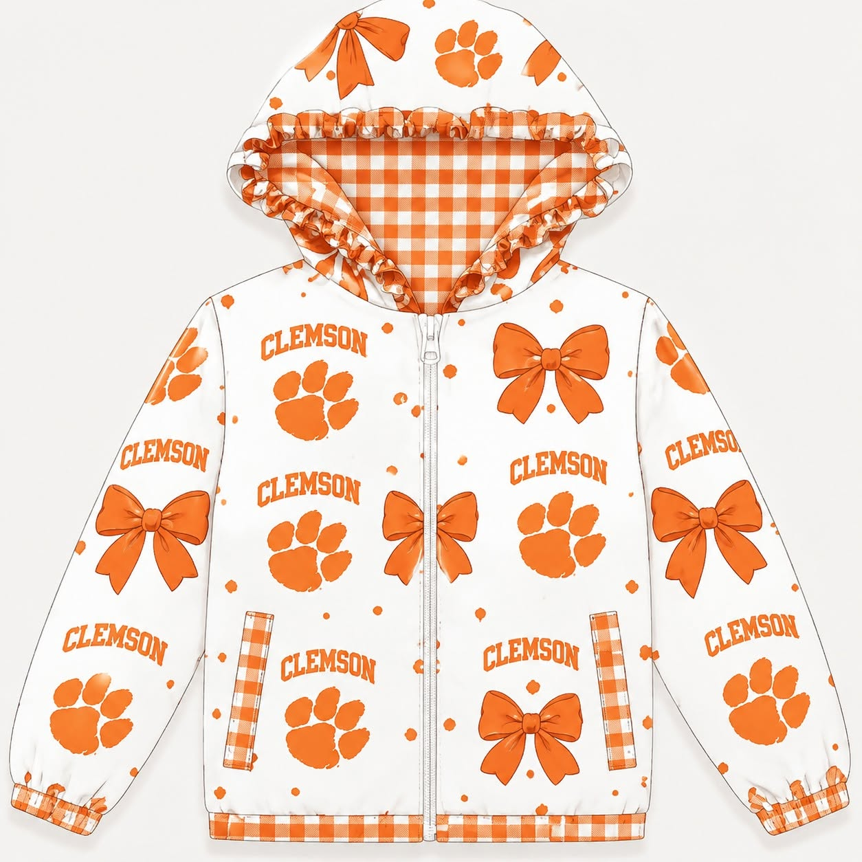 9.5 Preorder Baby Girls Sport Team Clemsin Orange Bow Gingham Trim Long Sleeve jacket