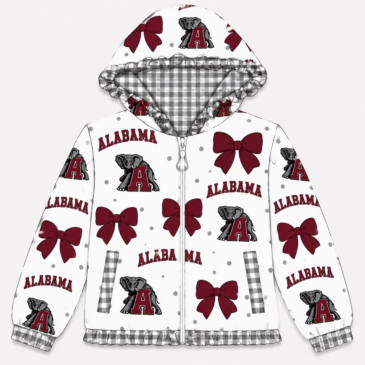 9.5 Preorder Baby Girls Sport Team  Alabama Bow Gingham Trim Long Sleeve jacket