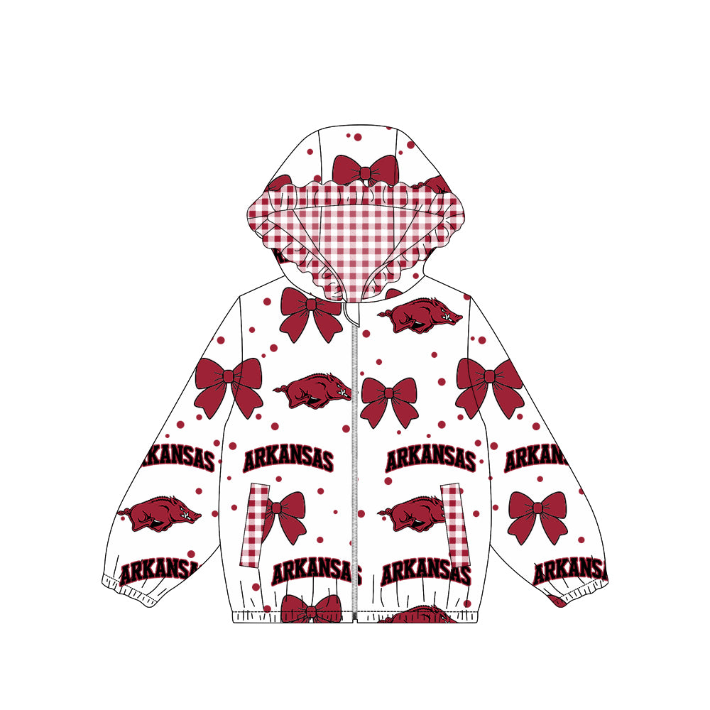 9.5 Preorder Baby Girls Sport Team  Arkansas Bow Gingham Trim Long Sleeve jacket