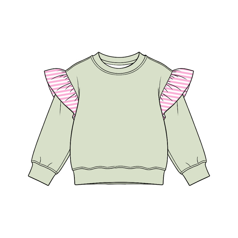8.15 Preorder Kids Girls Pink Striped  Flutter Long Sleeve Light Green Top