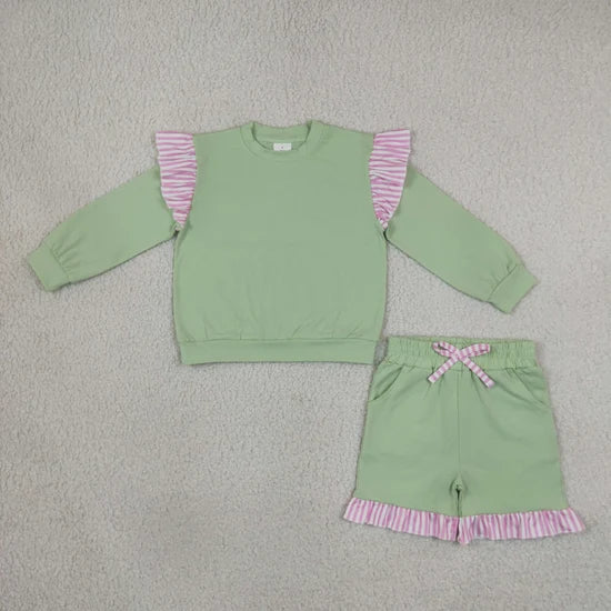 Sibling Kids Girls Light Green Long Sleeve Top with Pants and Shorts Outfit
