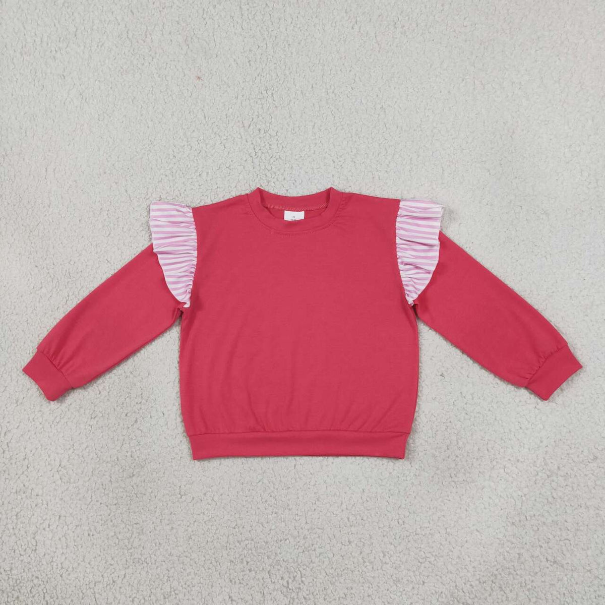 GT1848 Girls Watermelon Red Striped Flutter Sleeve Sweatshirt Tops