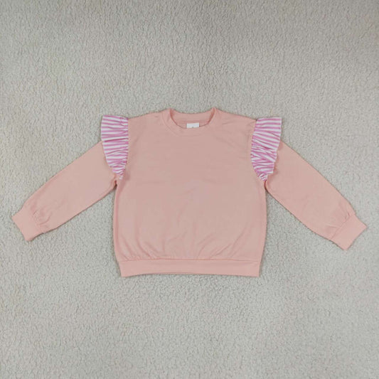 GT1849 Girls Pink Striped  Flutter Long Sleeve Light Pink Top