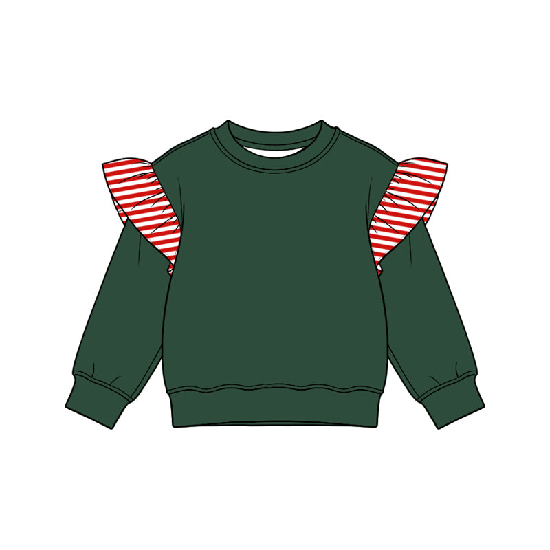 8.15 Preorder Kids Girls Red Striped  Flutter Long Sleeve Green Top